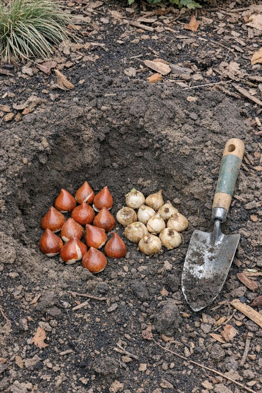 Tulip and daffodil bulbs being planted in a winter garden bed