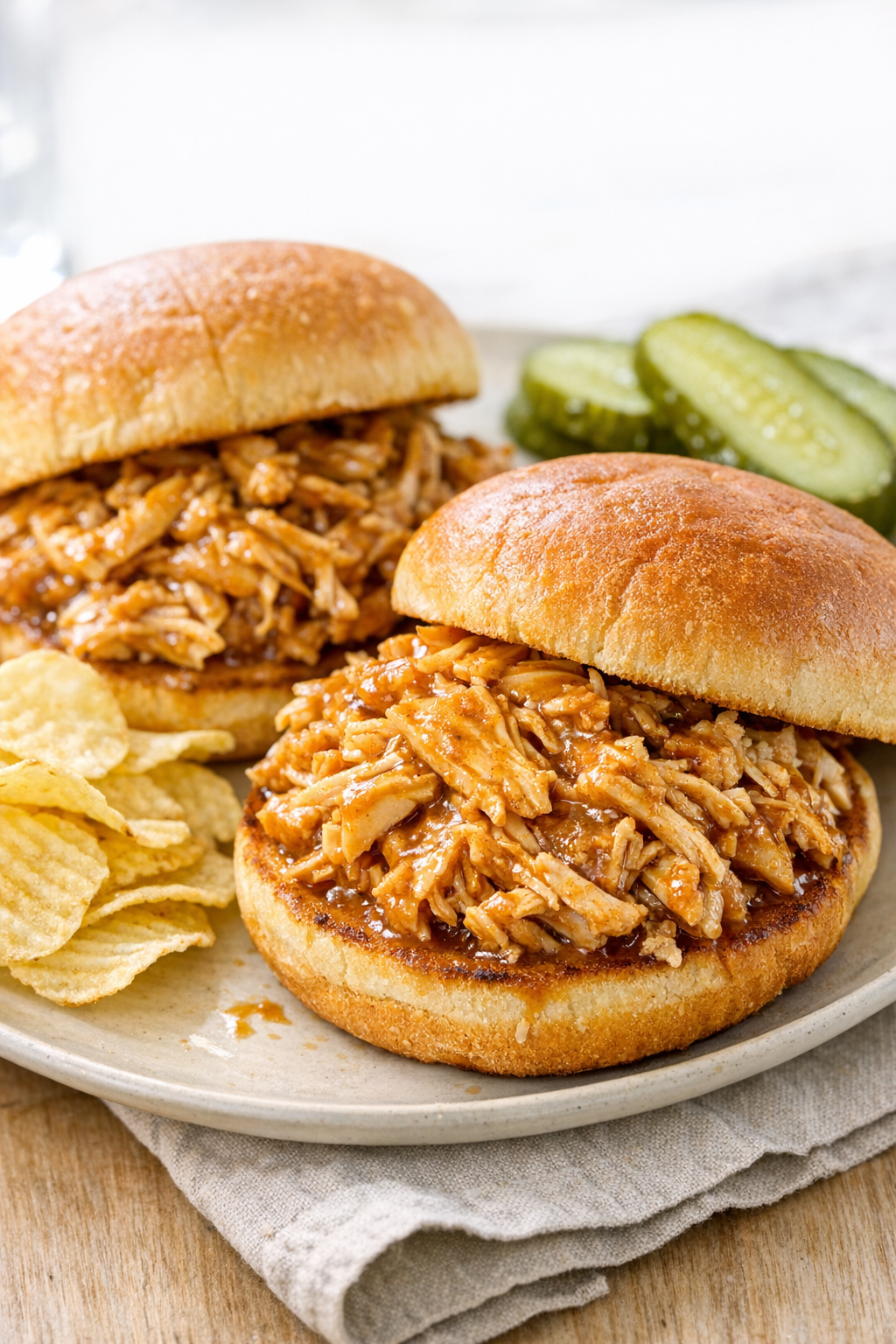 Shredded gravy chicken served on sandwich buns