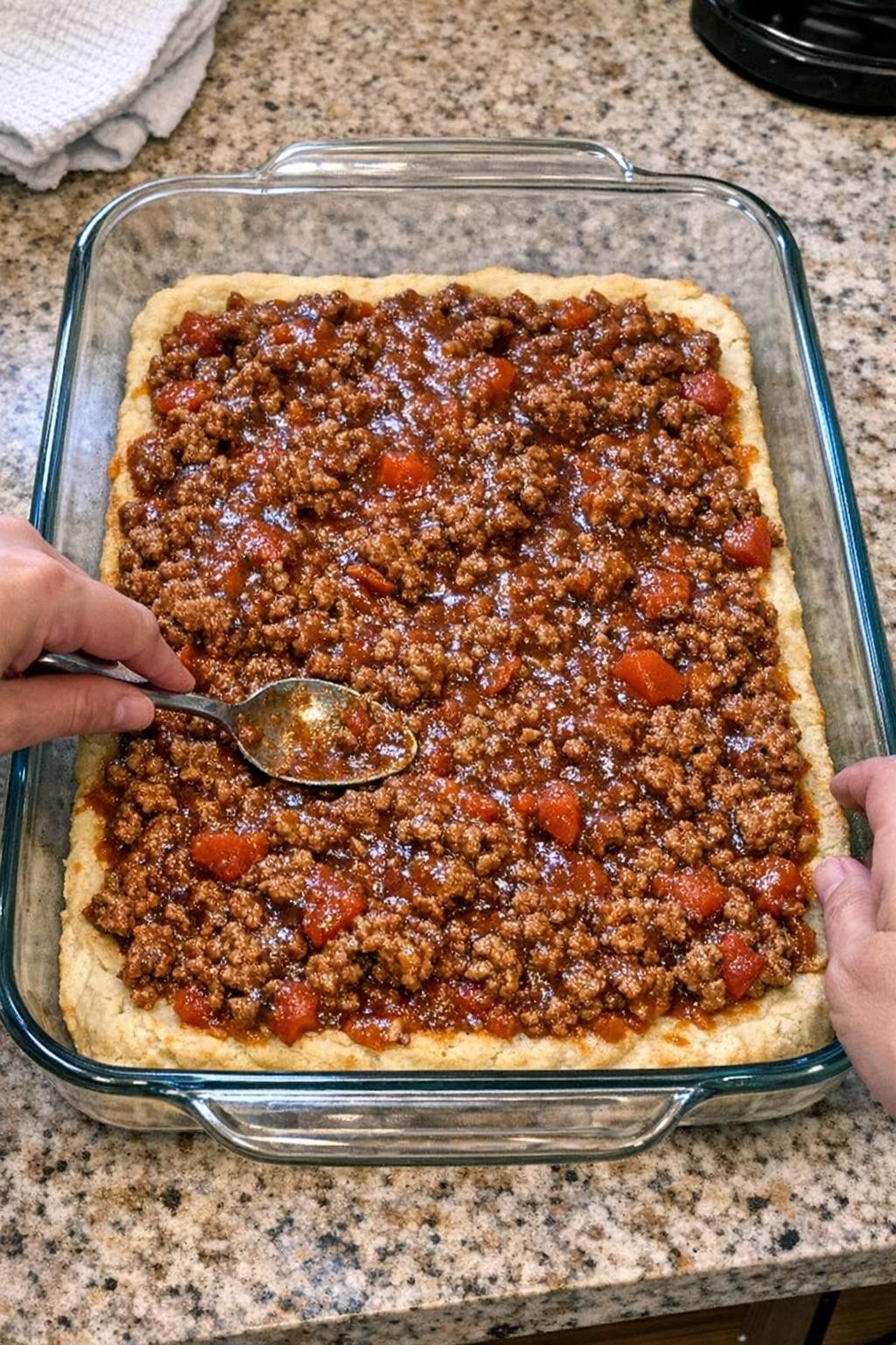 Beef mixture spread over the biscuit crust