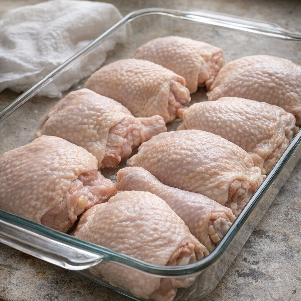 Chicken pieces arranged in a glass baking dish before baking