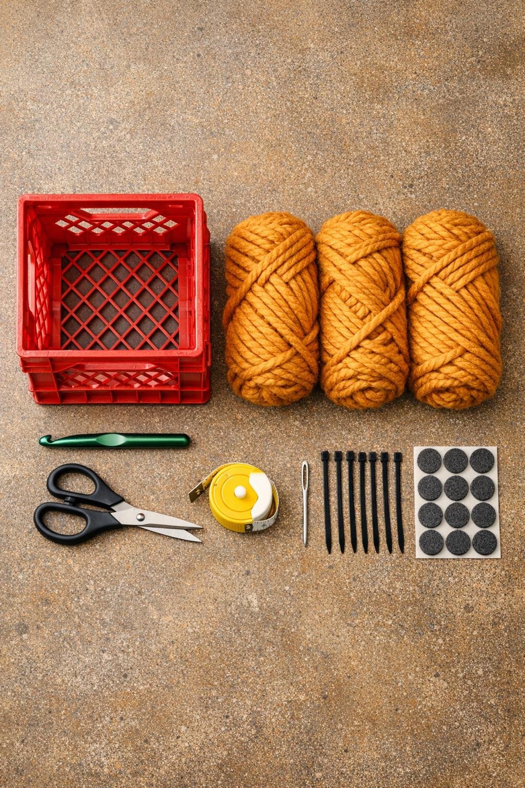 Materials laid out for crocheting a decorative basket on a vintage milk crate