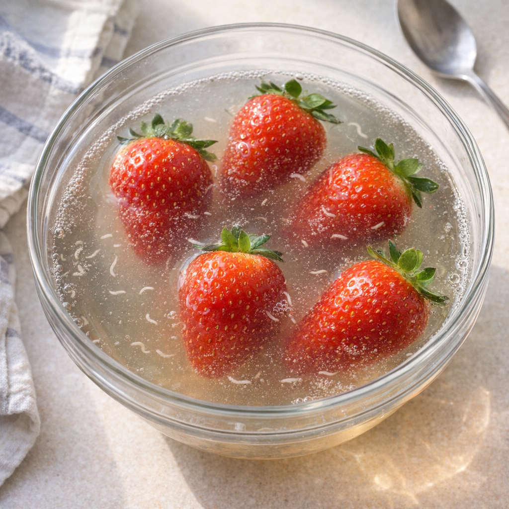 Strawberries soaking in a glass bowl of salt water on a kitchen counter