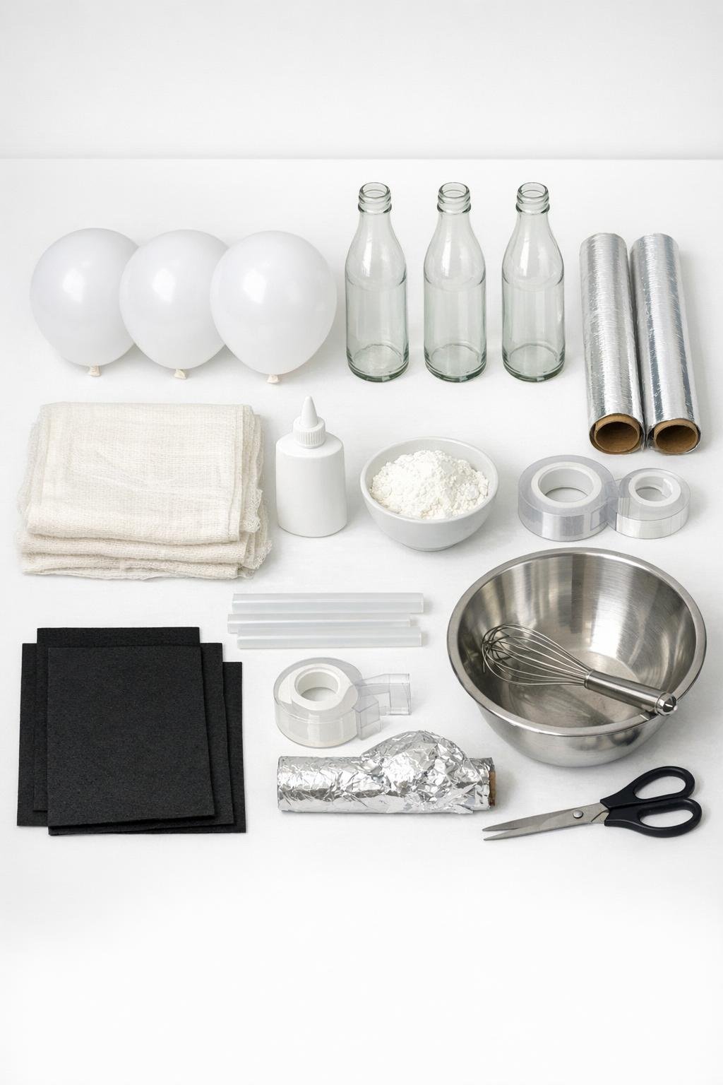Materials for making three stiffened cheesecloth porch ghosts laid out on a table