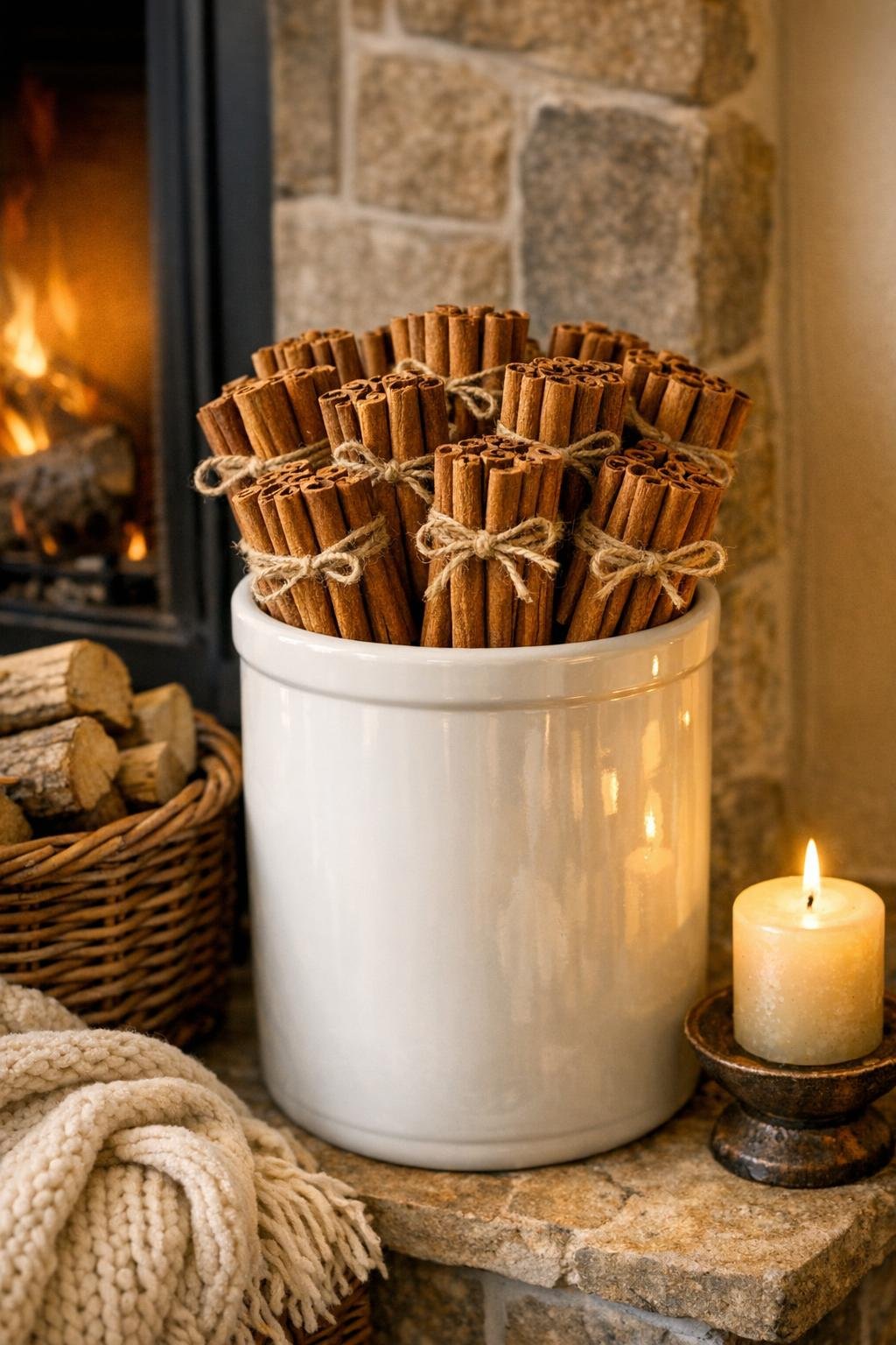 Finished living room kindling holder made from a white ceramic utensil crock filled with bundled cinnamon sticks tied with twine