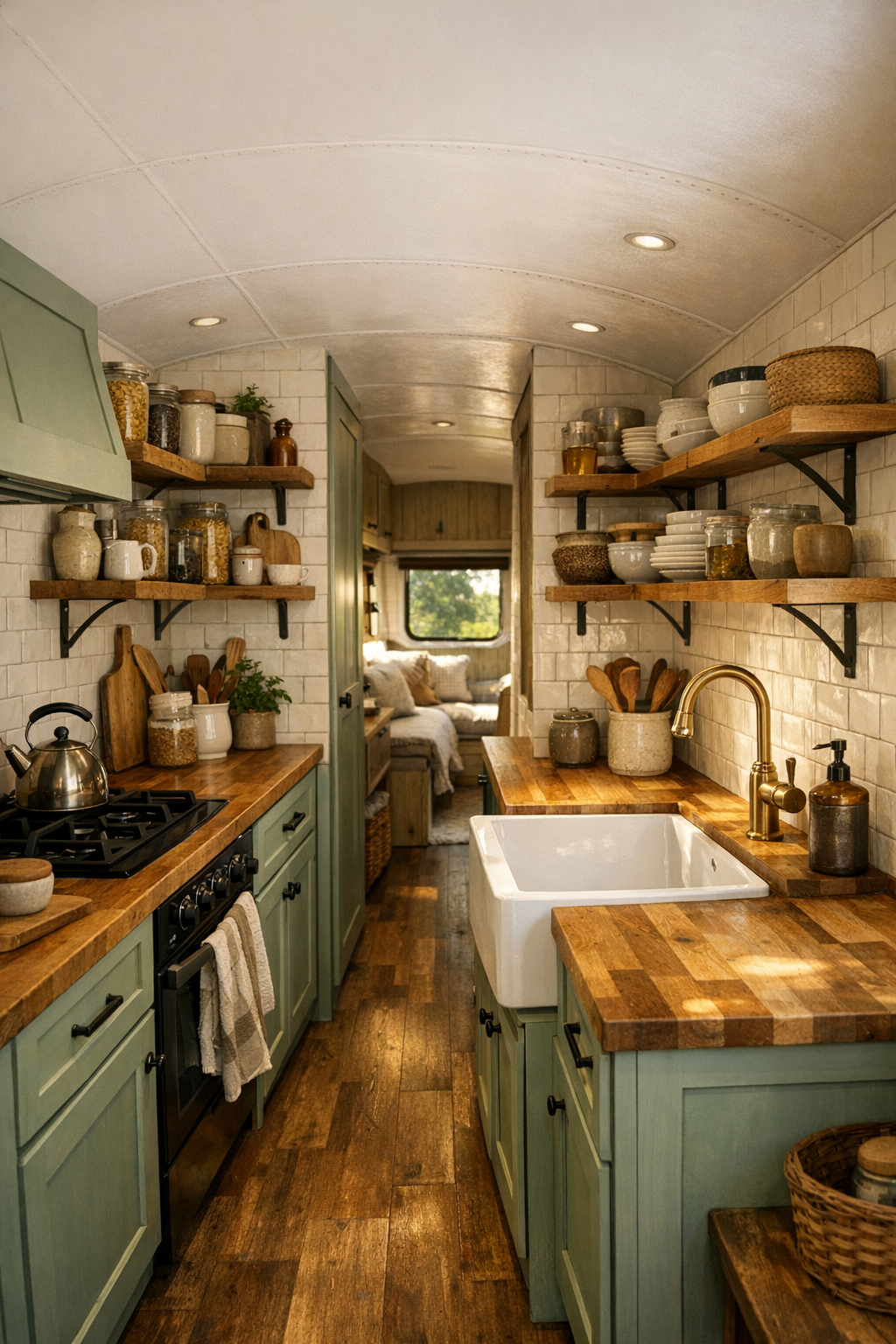 Compact rustic kitchen in the converted bus with painted cabinets and butcher block counters