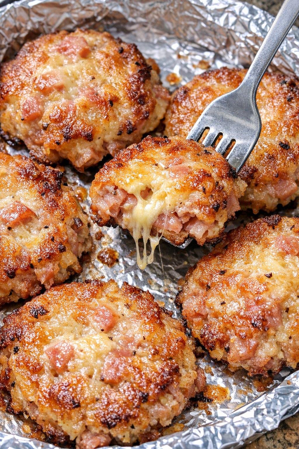 Low carb ham bingham patties on a foil tray