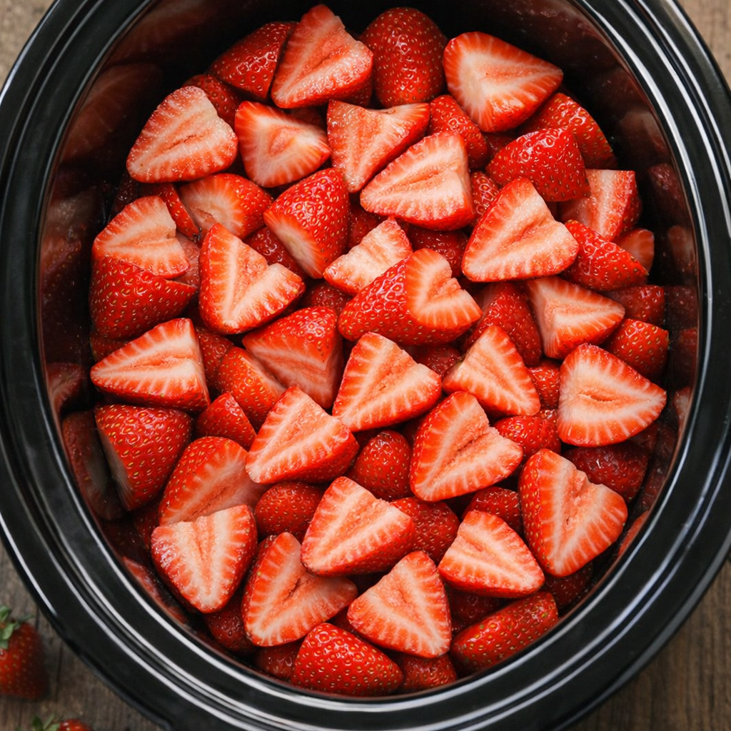 Halved strawberries layered in a slow cooker