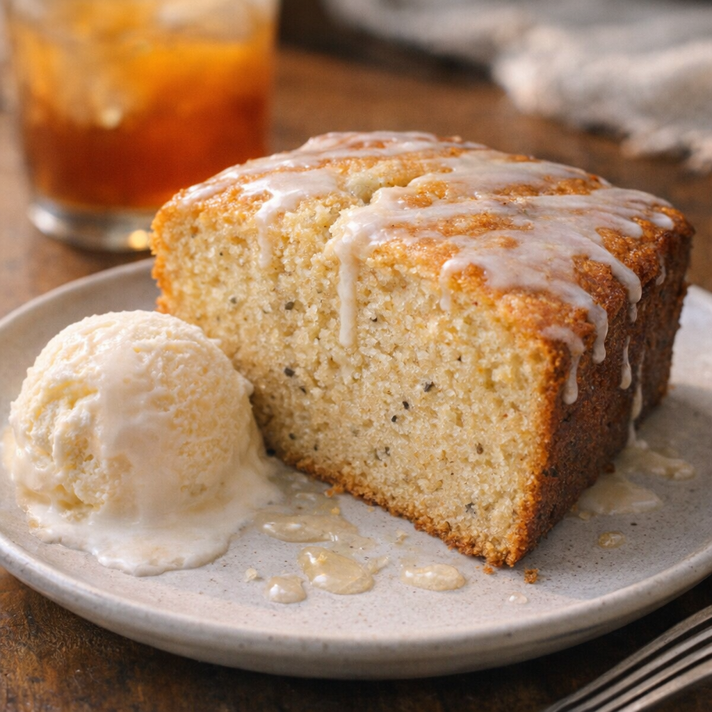 Slice of Arnold Palmer pound cake served warm