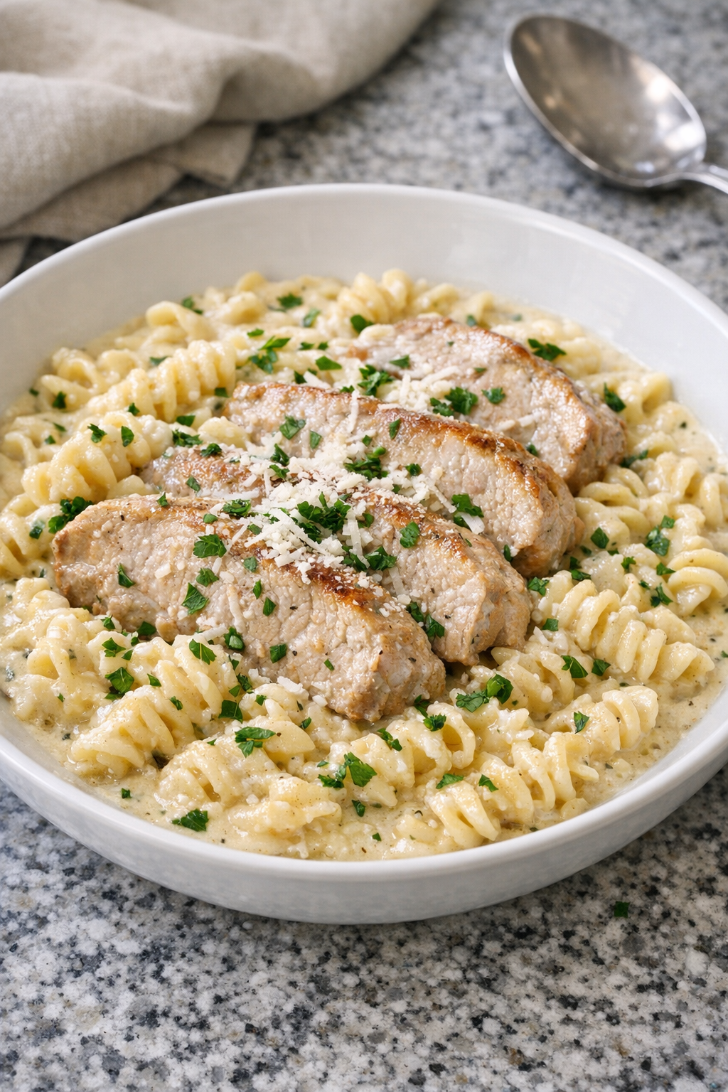 Creamy Parmesan pork pasta served in a bowl