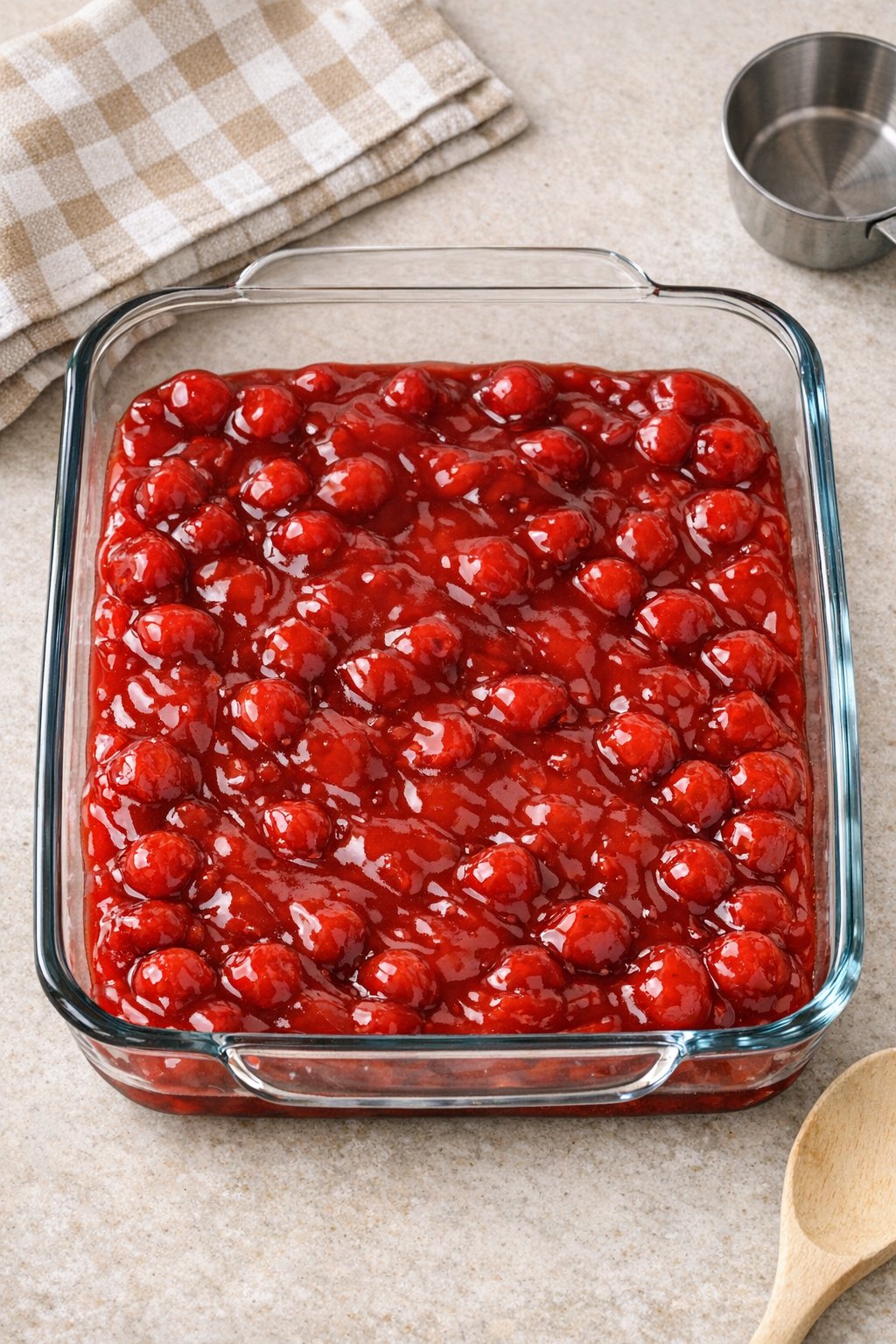 Cherry pie filling spread in glass baking dish