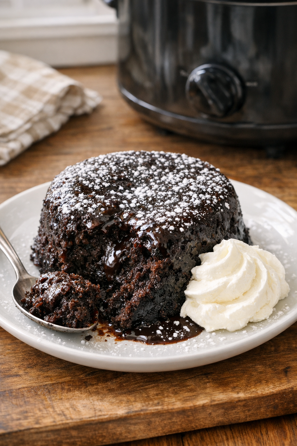 Finished vintage black magic cake served warm on a plate