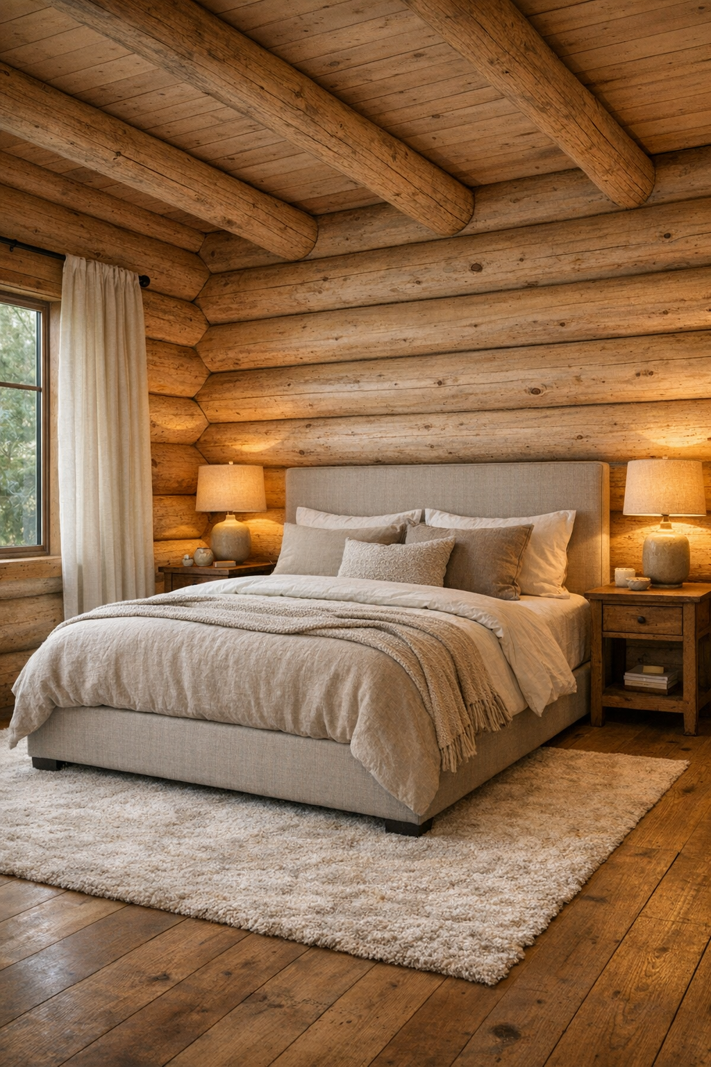 Calm log home bedroom with upholstered bed and layered neutral bedding