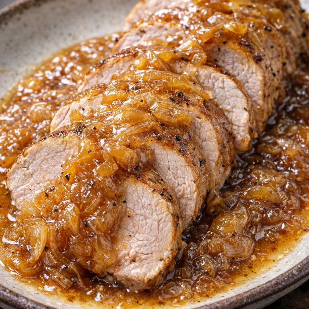 Sliced pork tenderloin topped with a thicker glossy golden ale sauce