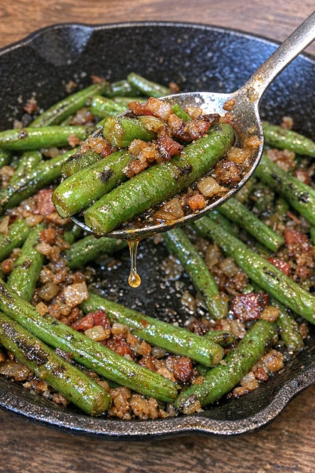 Blistered green beans with caramelized bits in skillet