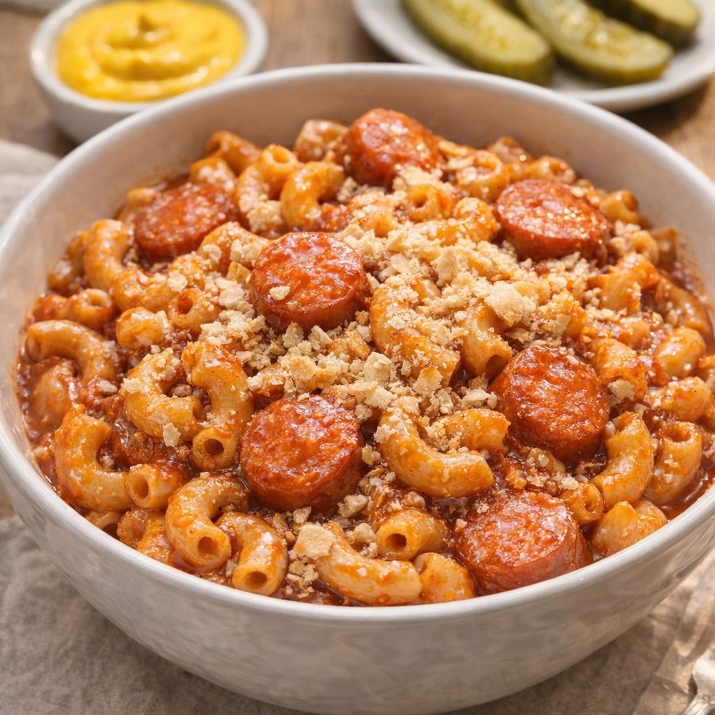 Hot dog macaroni bowl with crushed crackers on top