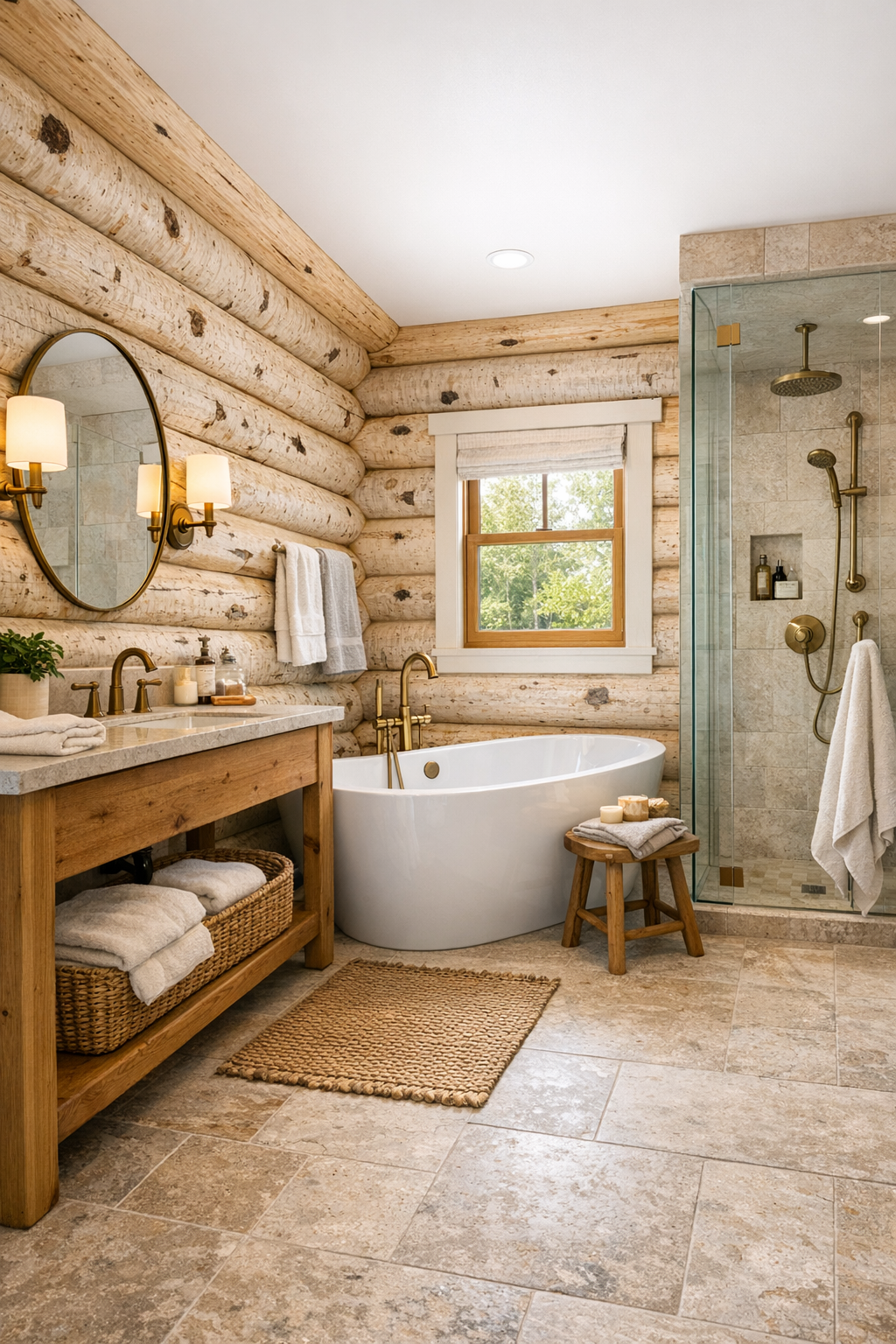 Light rustic bathroom with soaking tub, wood vanity, and soft stone finishes