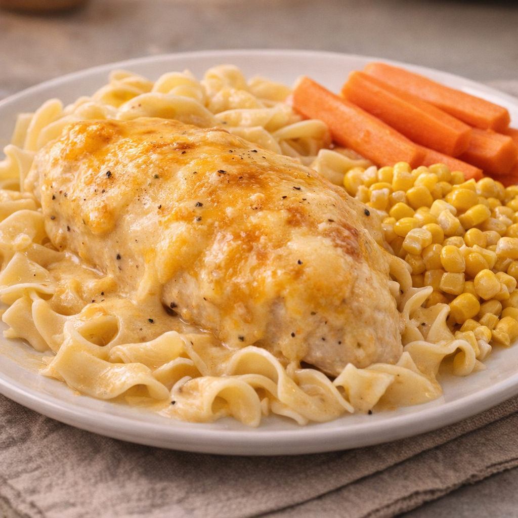Plated cheddar chicken with kid-friendly sides