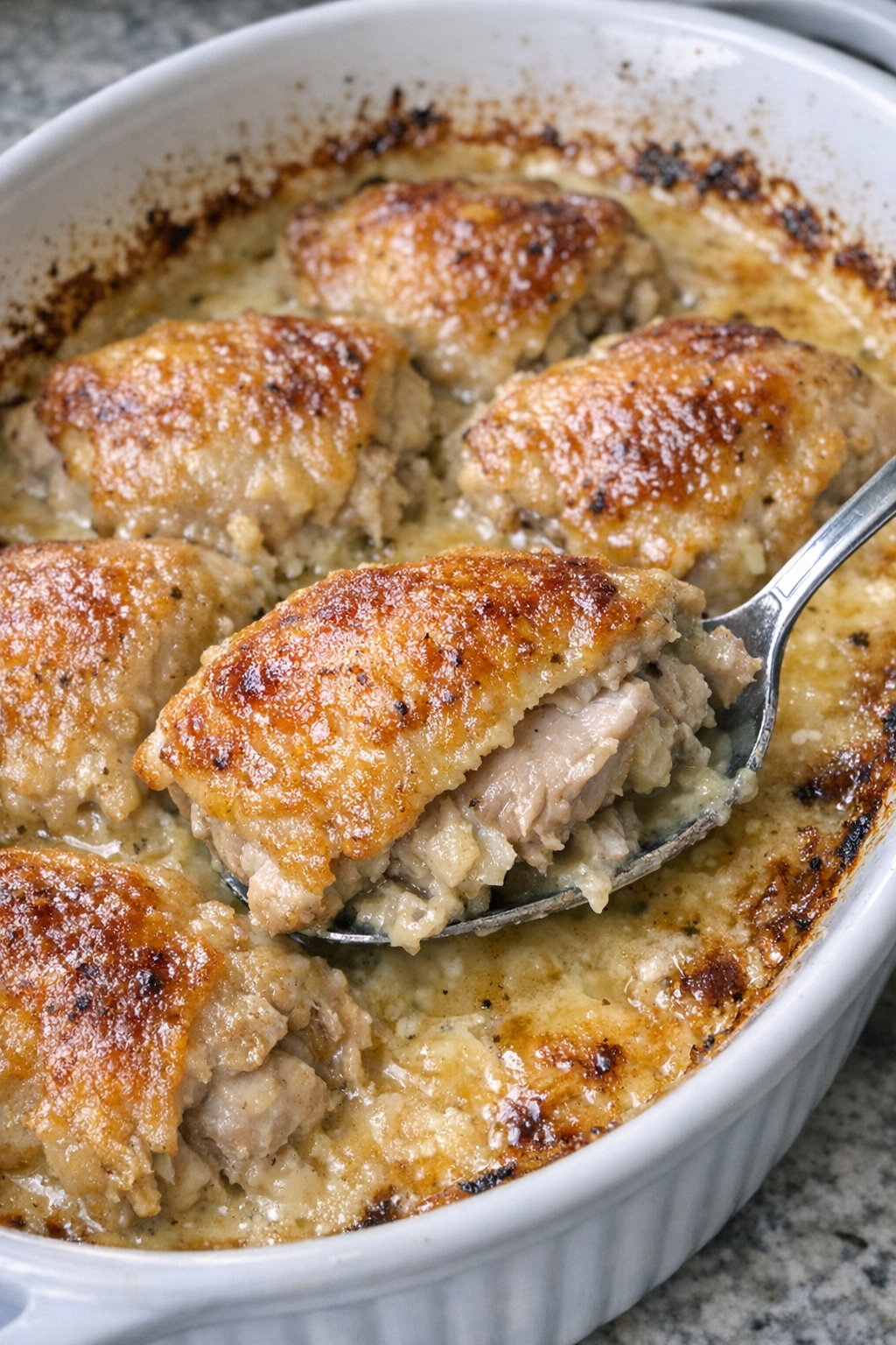 Golden brown chicken in creamy sauce