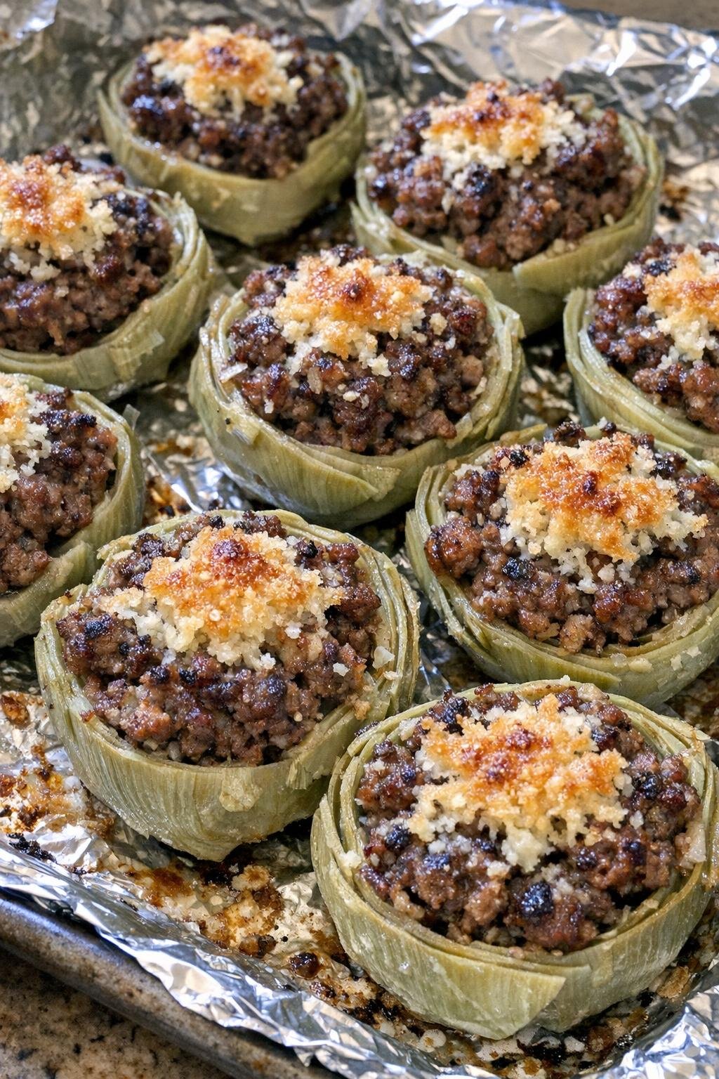 Oven baked beef stuffed artichoke hearts on a foil-lined baking sheet