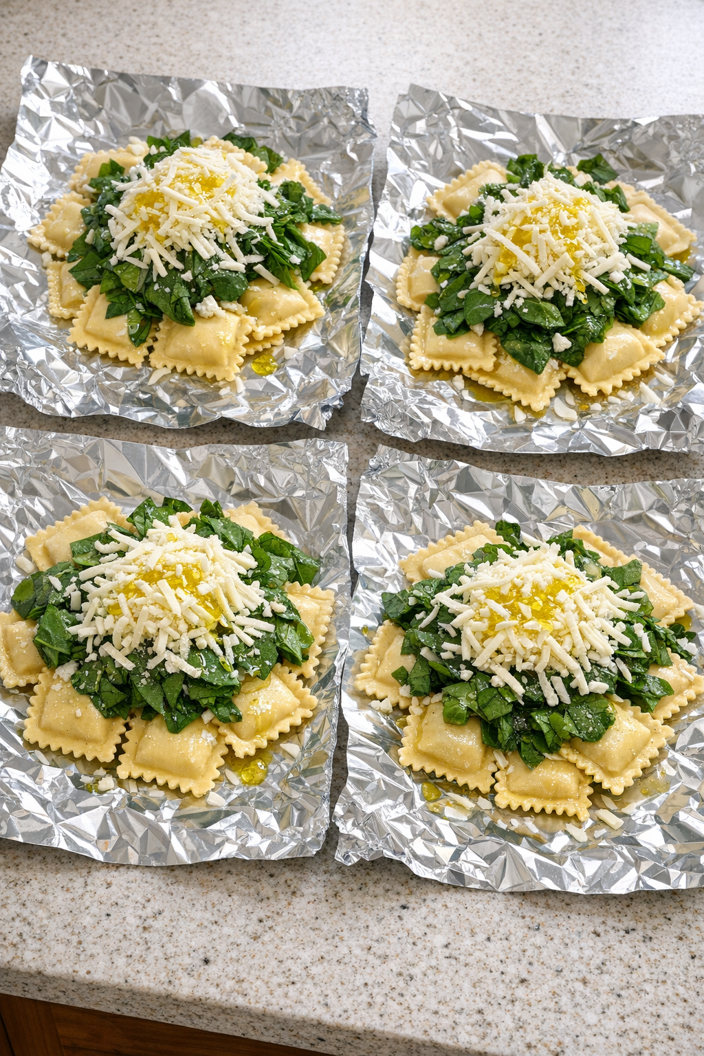 Ravioli, spinach, and cheese portioned onto foil sheets