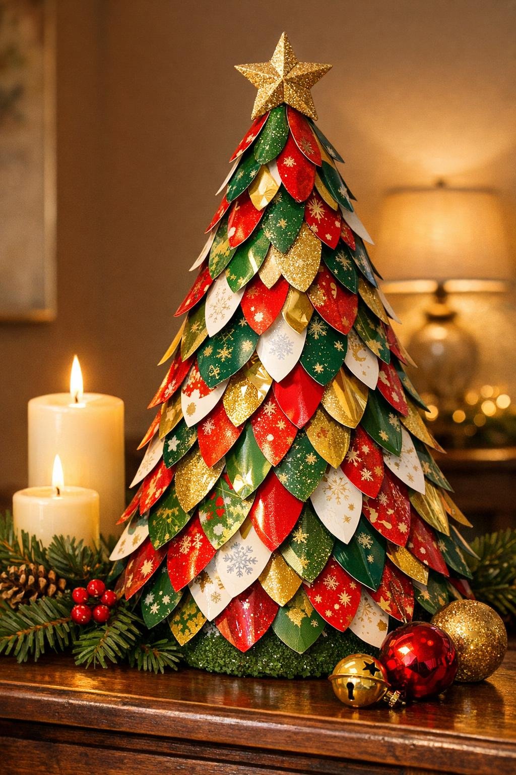 A finished layered holiday tree made from old Christmas cards displayed on a table
