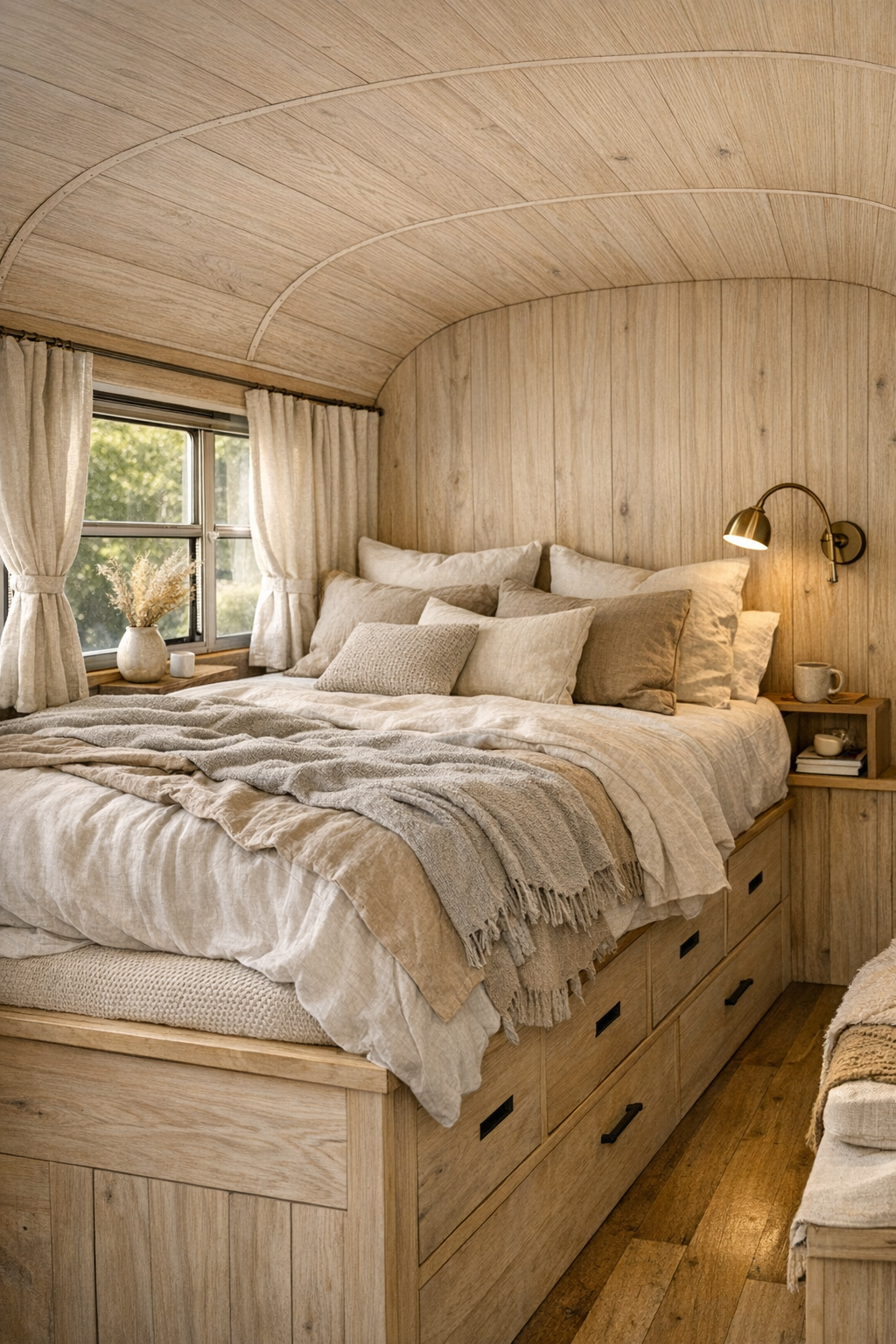 Serene converted bus bedroom with platform bed and layered linen bedding