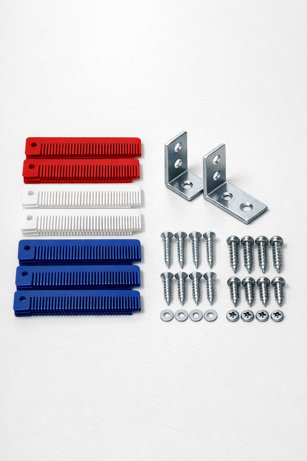 Plastic combs, metal angle braces, and screws laid out for the project