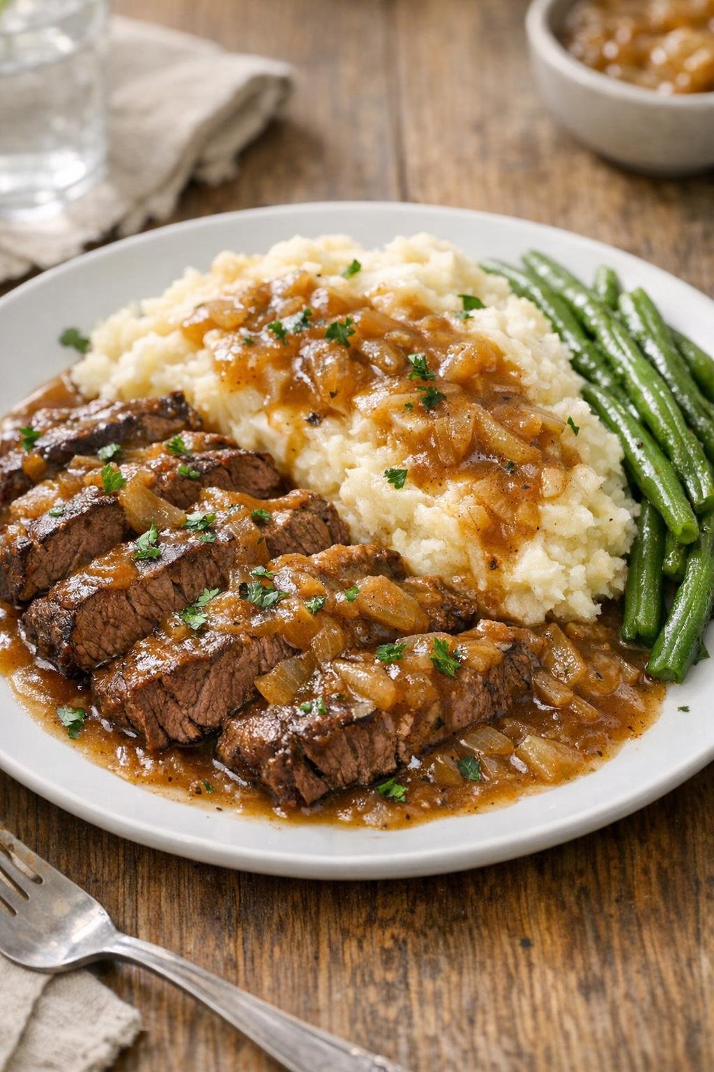 Finished slow cooker steak supper plated with gravy