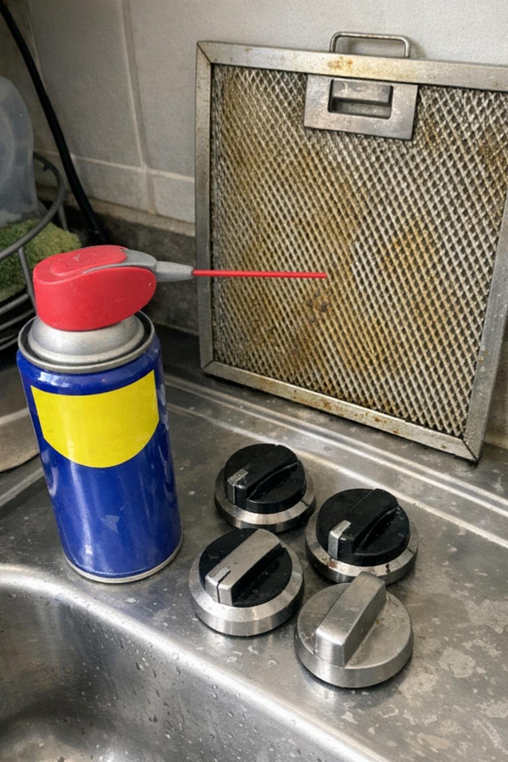 WD-40 degreasing a range hood filter and stovetop knobs