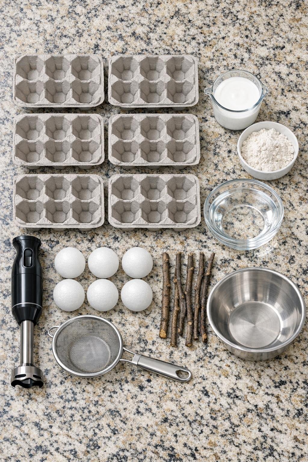 Materials for making paper pulp pumpkins laid out on a countertop