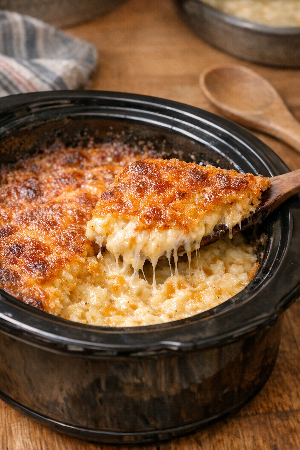 Finished cheesy hash brown bake in a black slow cooker