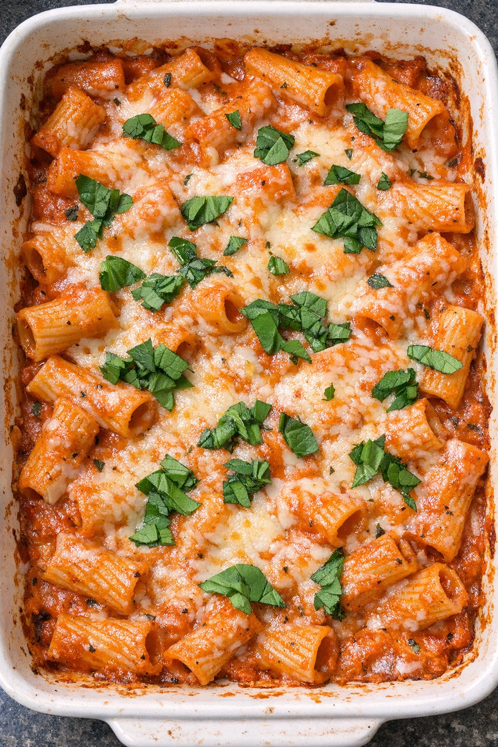 Creamy roasted red pepper rigatoni baked in a casserole dish