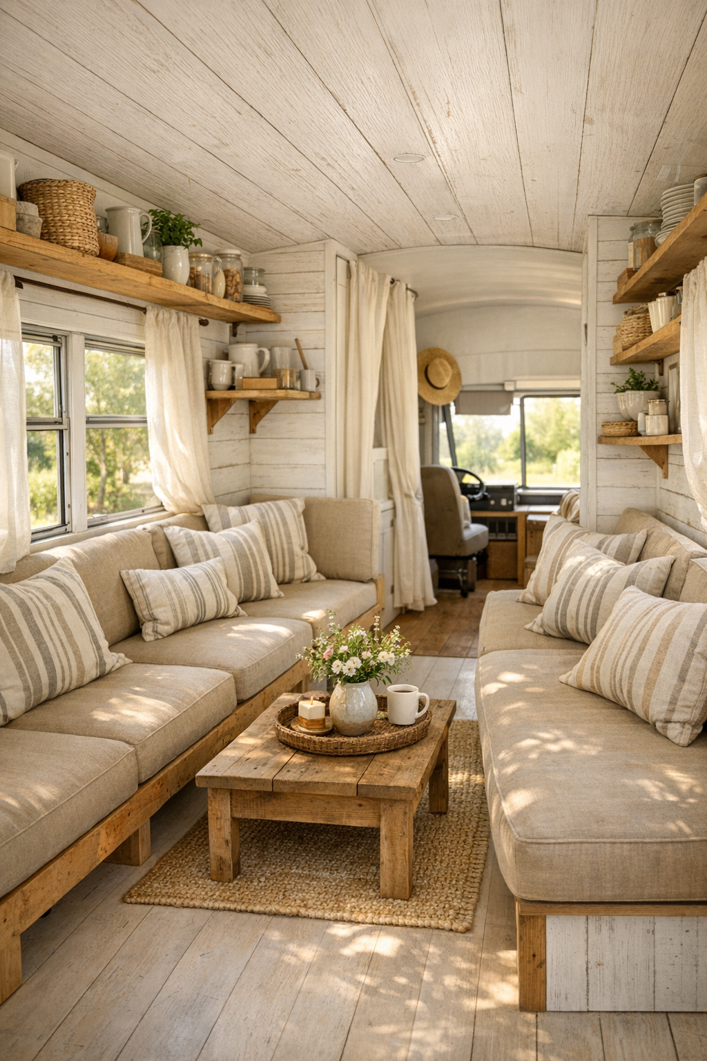 Sunlit living room inside a converted bus with built-in bench seating and pale wood finishes