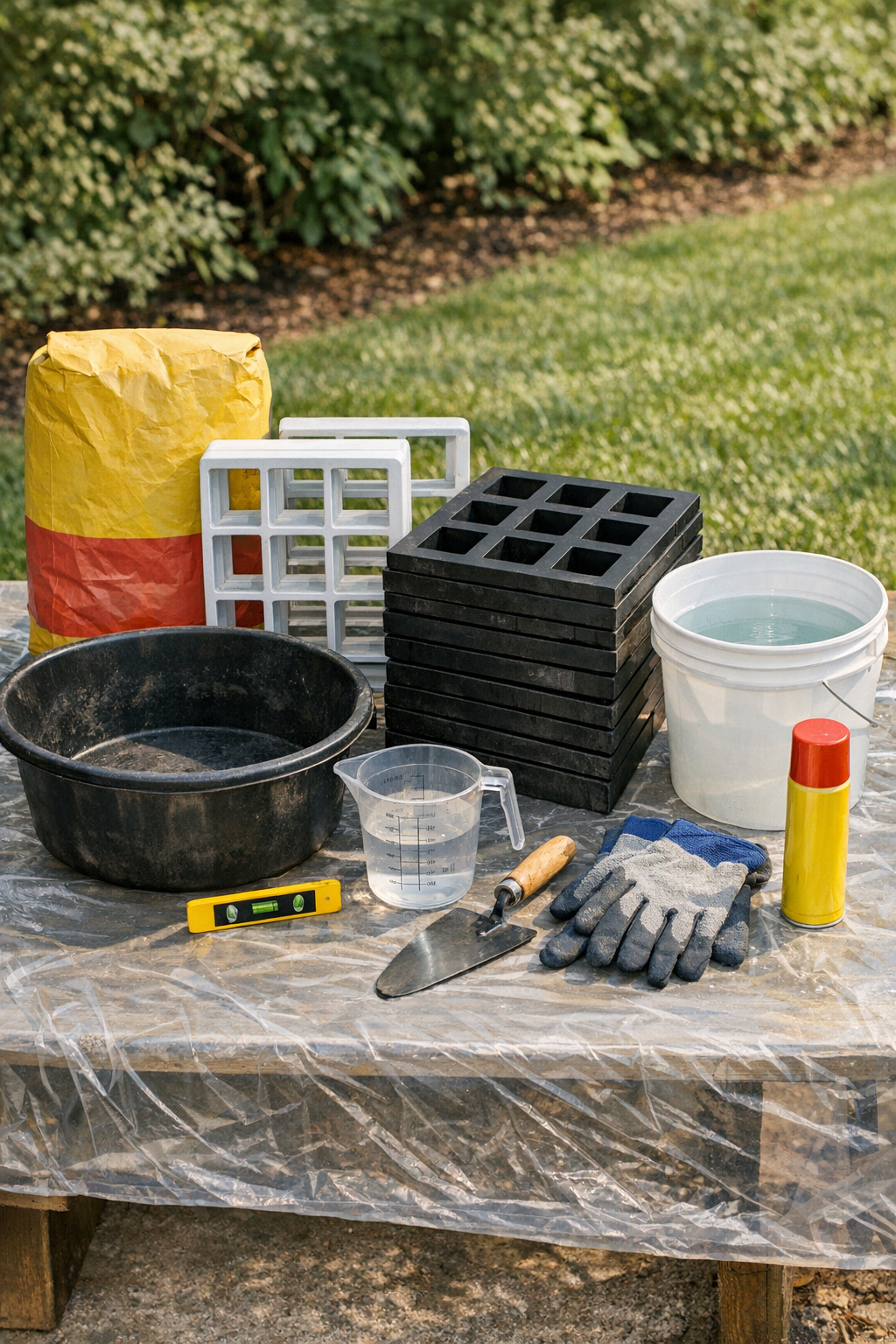Materials for making lattice cement garden pavers laid out on a work surface