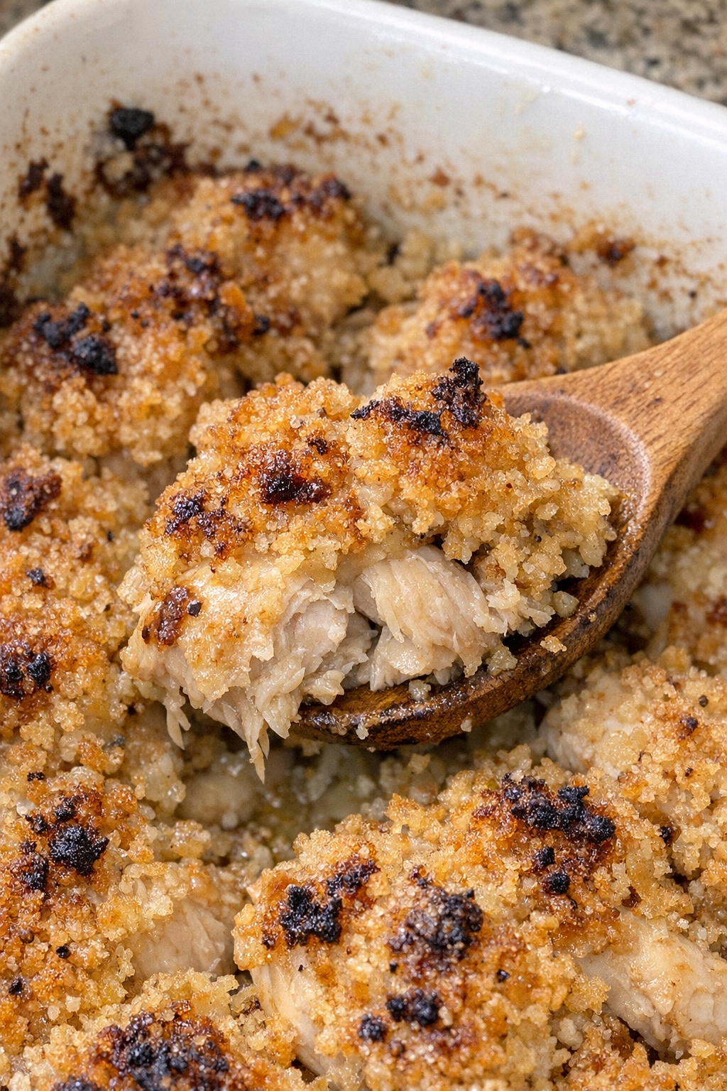 Golden brown chicken casserole with crispy buttery crumb topping
