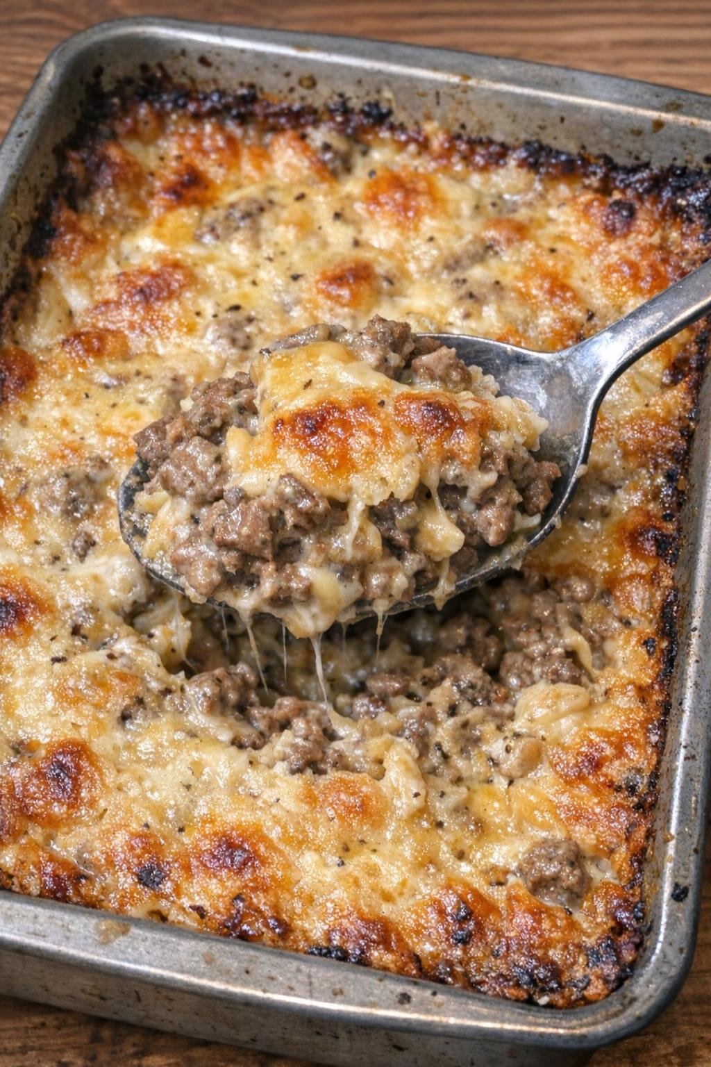 Close-up of baked beef casserole being served