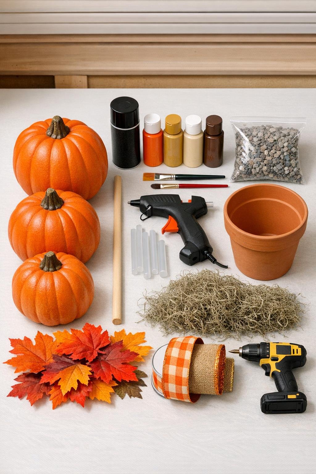 Materials for a stacked foam pumpkin porch topiary