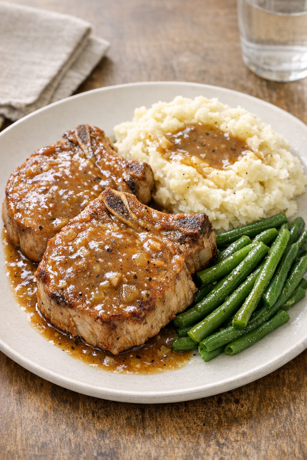 Finished slow cooker bone-in pork chops plated with gravy