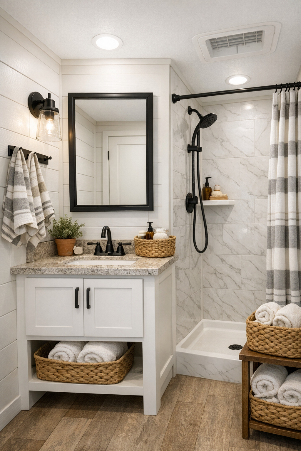 Bright small farmhouse bathroom with a white vanity, black-framed mirror, and clean tile