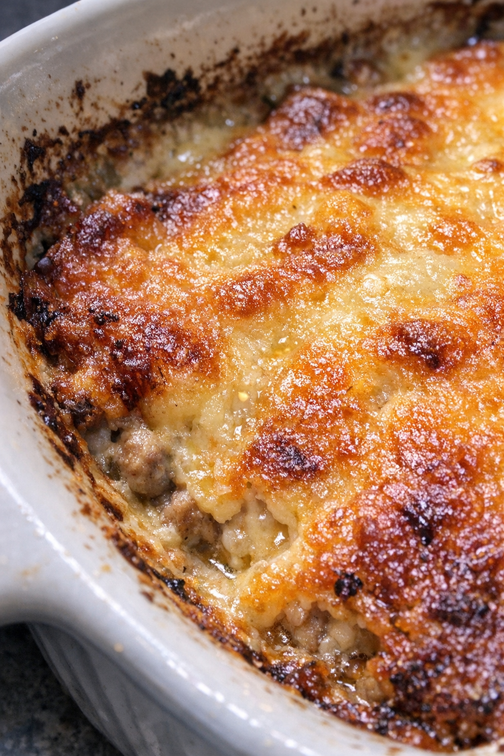 Bubbling golden casserole in a ceramic baking dish