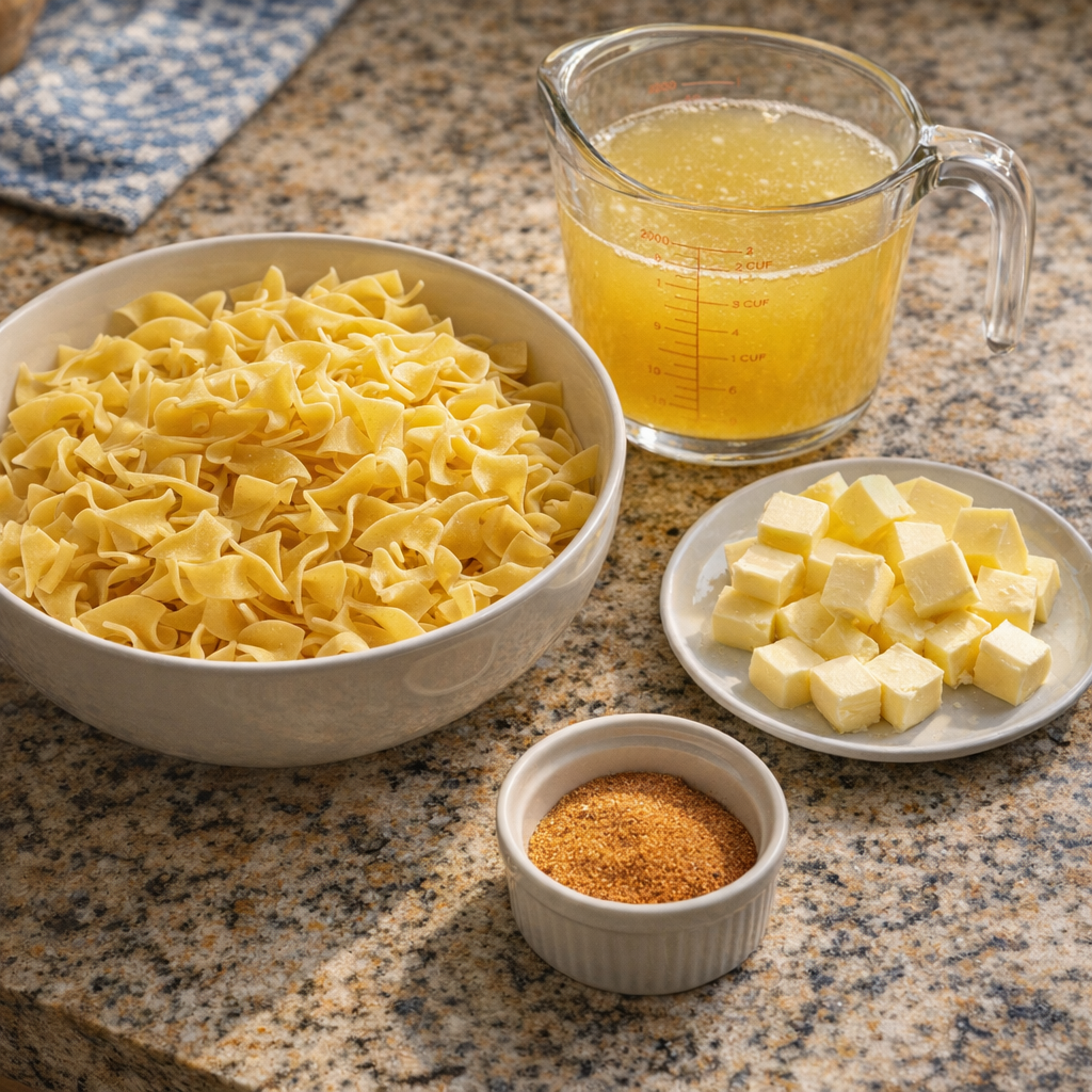 Egg noodles, butter, broth, and seasoning on a kitchen counter