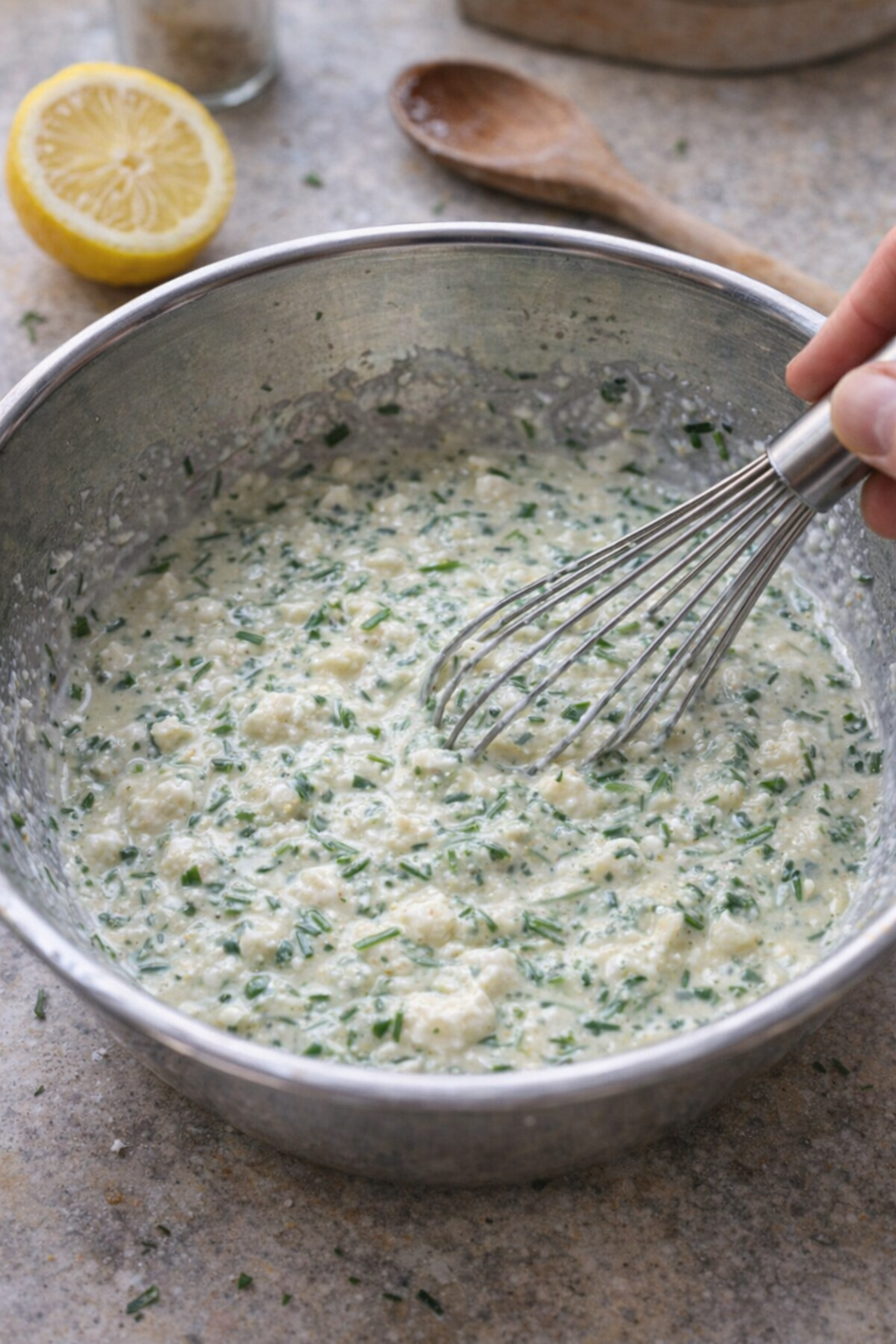 Creamy herb mixture being whisked in a mixing bowl