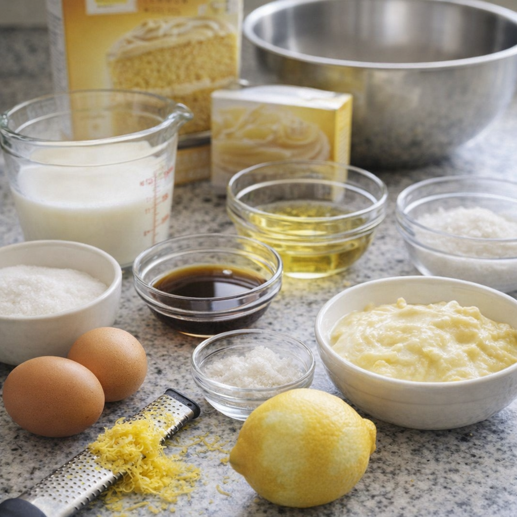 Measured cake ingredients arranged on a kitchen counter