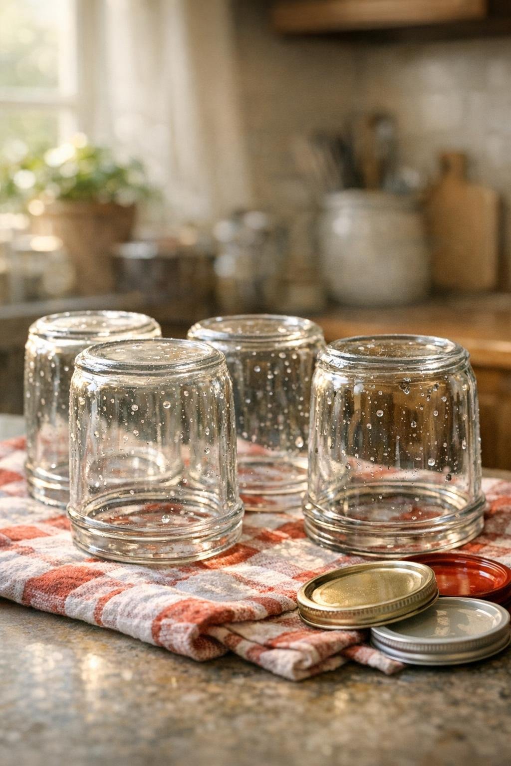 Clean glass jars drying after labels have been removed