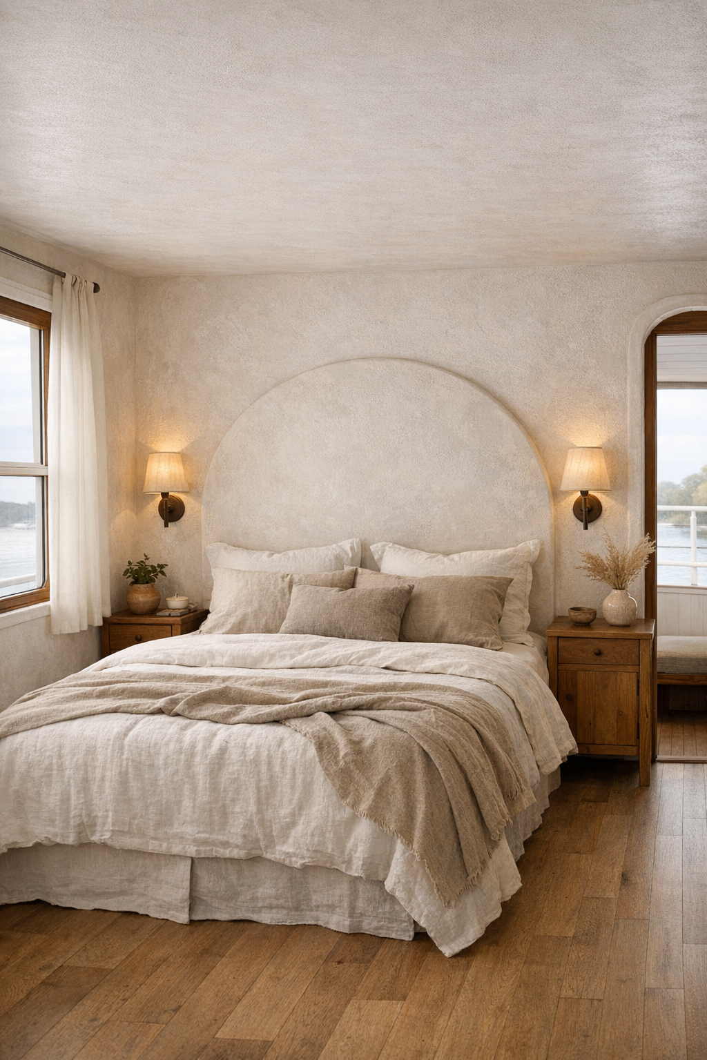 Serene bedroom with arched headboard wall, linen bedding, and oak accents