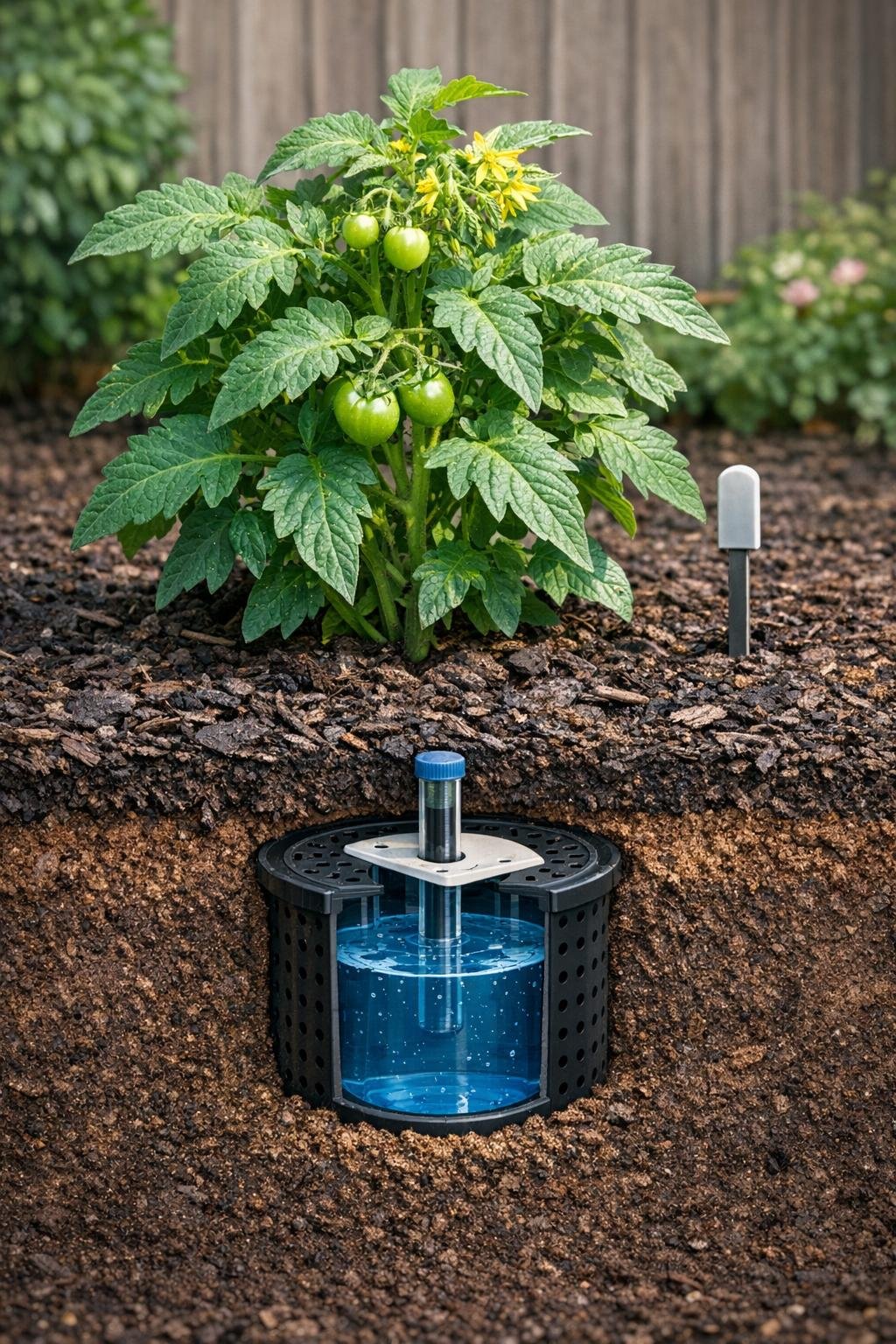 Finished garden bed with hidden underground moisture reservoir beside a healthy plant
