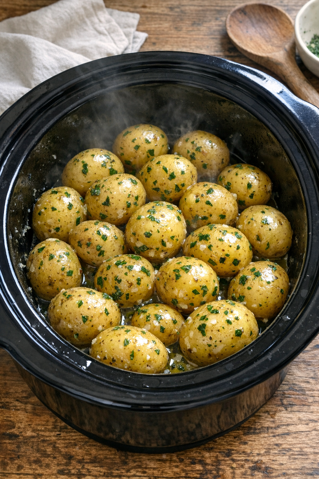 Finished herb butter baby potatoes in a black slow cooker