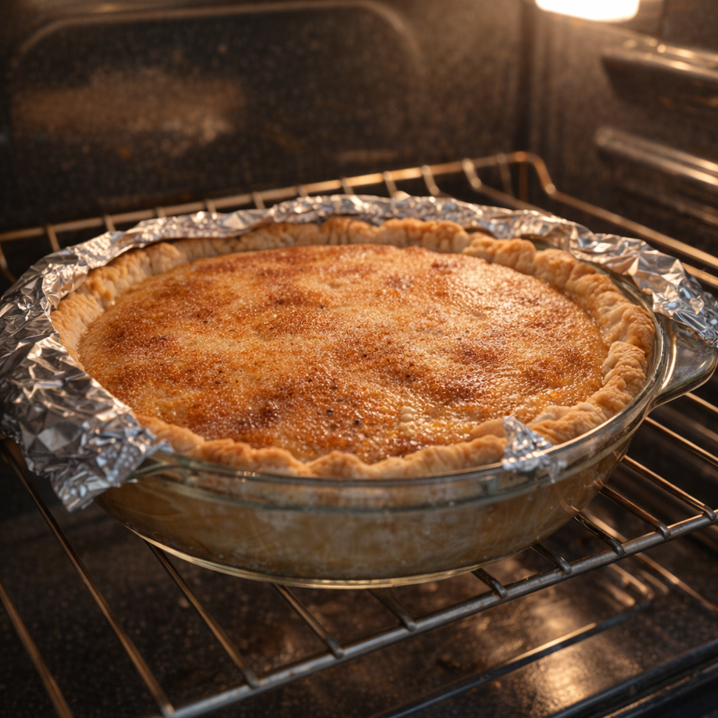 Caramel pie baking in the oven with foil on the crust edge