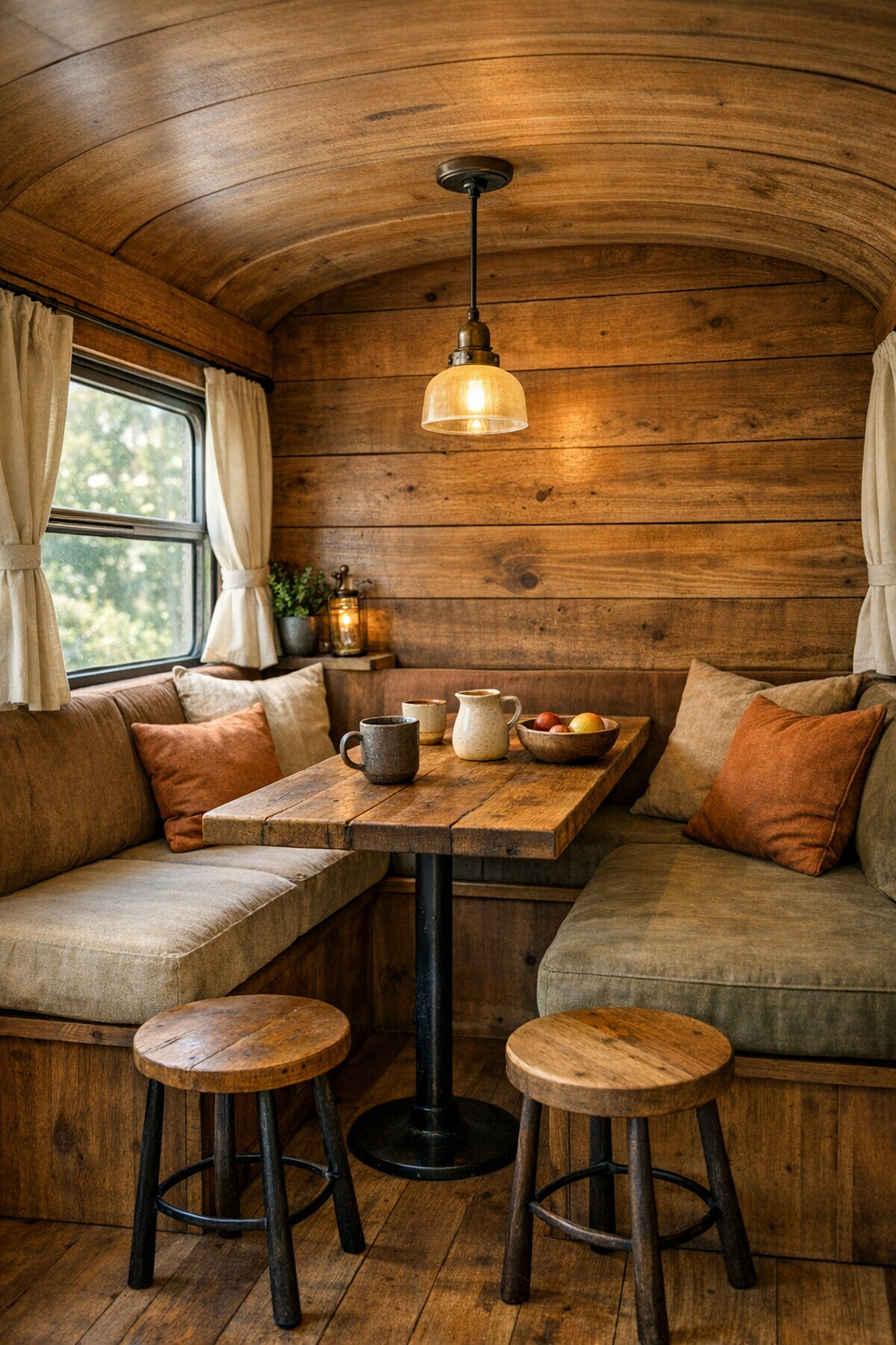 Cozy dining nook inside the converted bus with a wood table and banquette