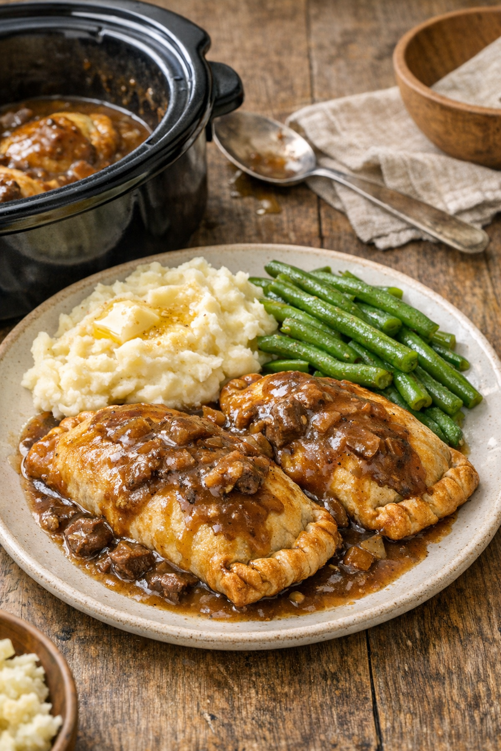Finished slow cooker beef pasties with gravy